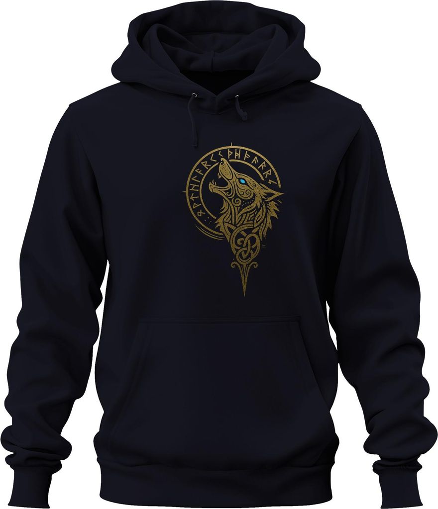 Wikinger Wolf Nordischer Fenrir Runen Wolfskopf Keltisch Gold Uni Hoodie Kapuzenpullover, Navy, M