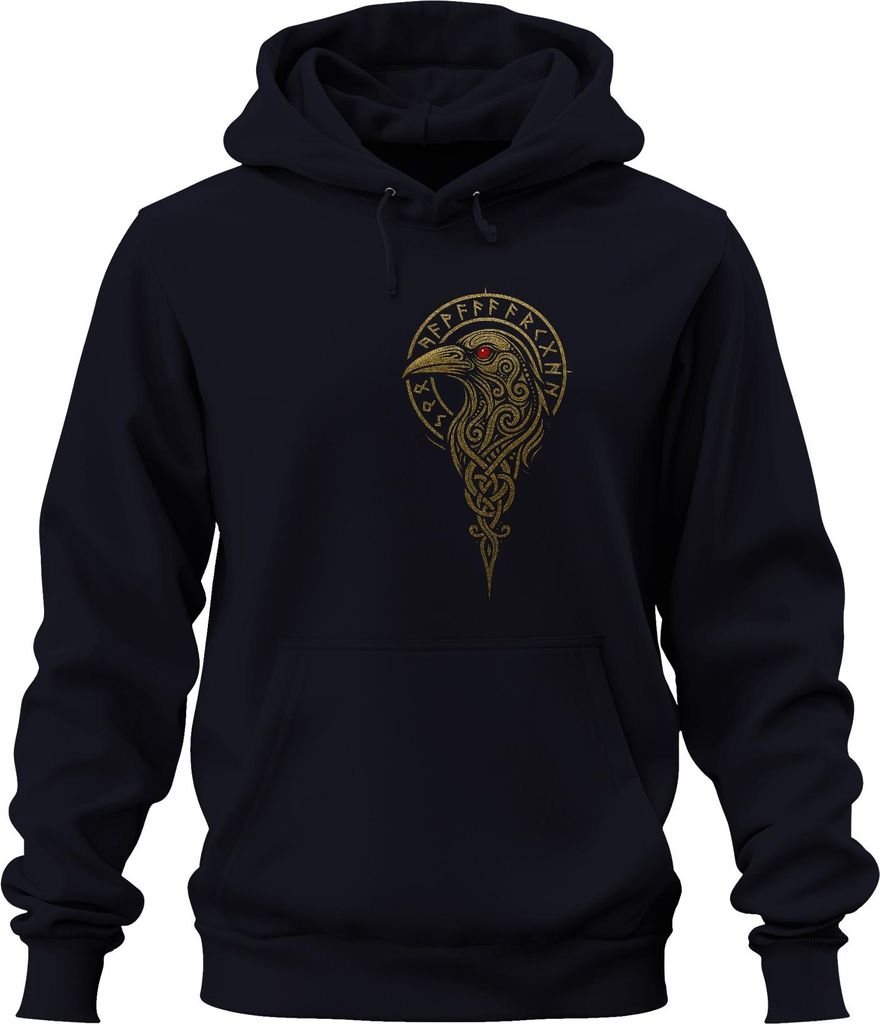 Wikinger Rabe Runen Keltischer Knoten Nordisch Mythologie Gold Uni Hoodie Kapuzenpullover, Navy, S