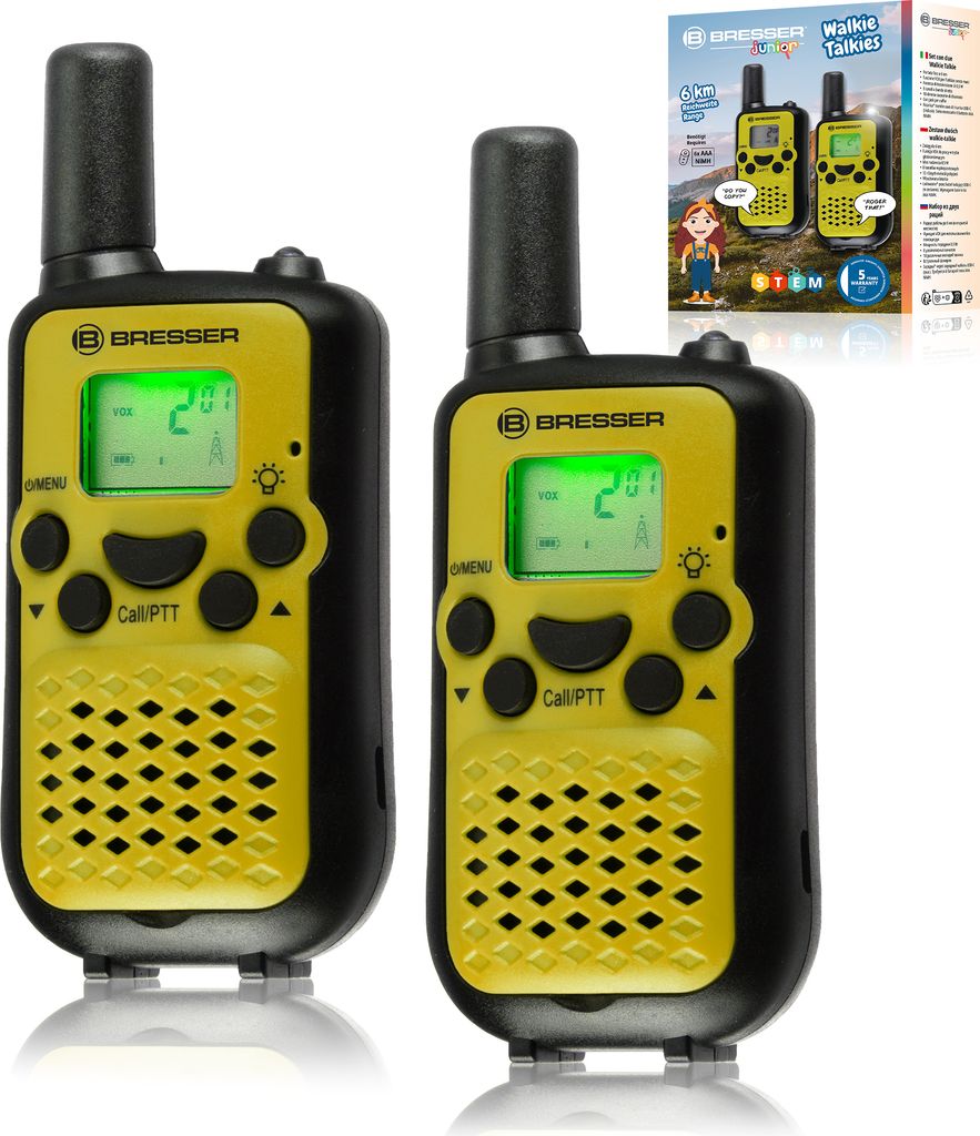 Two yellow and black walkie-talkies are shown in front of a white background, with their packaging visible in the upper right corner.