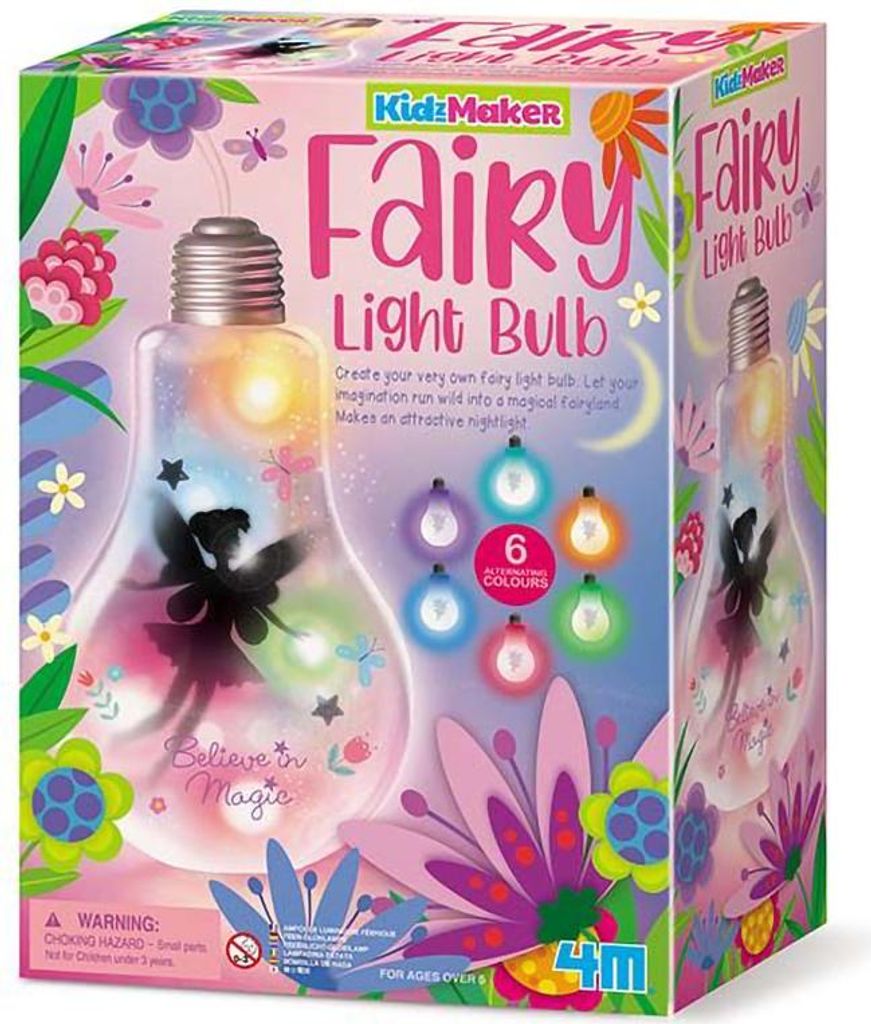 The image shows the packaging of a 'Fairy Light Bulb' craft kit for children.