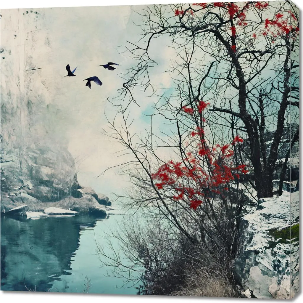 Tableau Mural Carré 90x90 cm - Décoration Crépuscule Hivernal Oiseaux