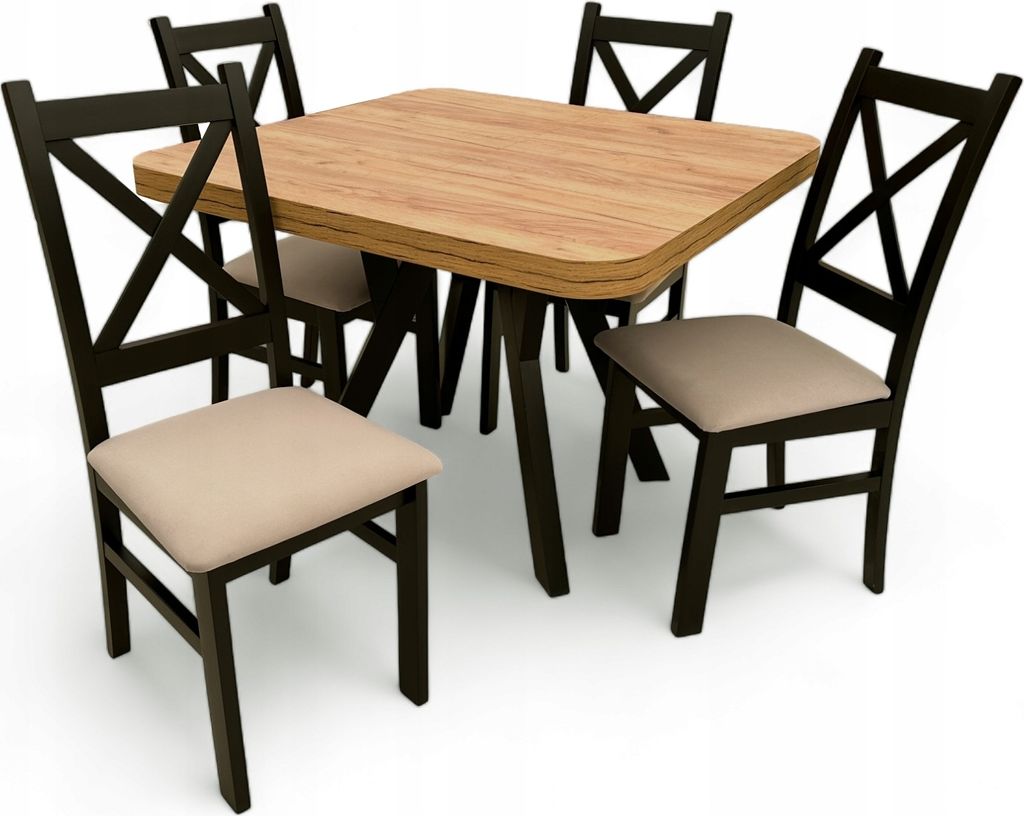 4er Set Stühle + Ausziehtisch 90x90 190 cm Craft Eiche + Beige