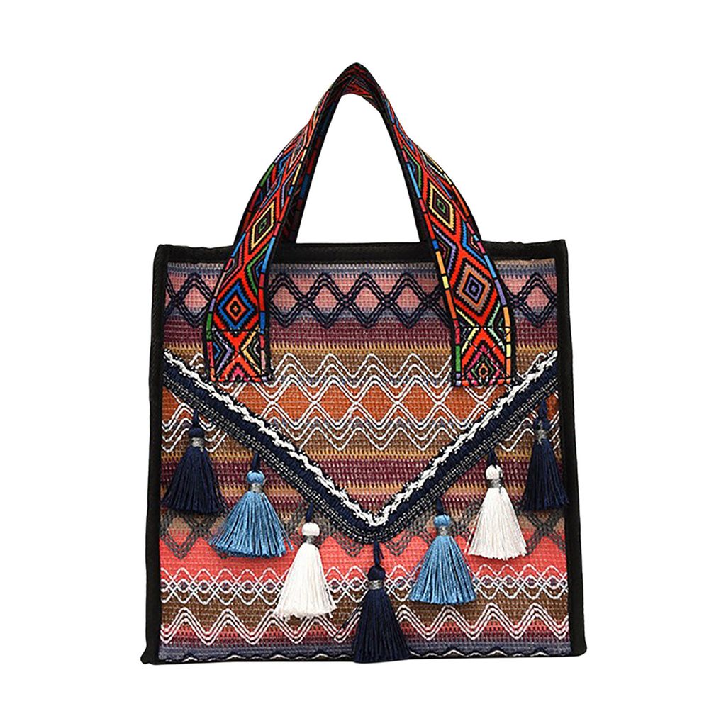 Damen Geflochten Handtasche mit Quasten, Vintage Ethno-Stil Henkeltasche, Rot
