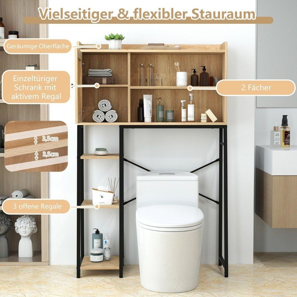 Toilettenschrank mit PE-Rattantür Toilettenregal mit verstellbarem Fachboden natur