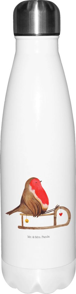 Mr. & Mrs. Panda Wasserflasche Rotkehlchen Schlitten - Weiß - Geschenk, Thermosflasche, Thermos, edelstahl, Nikolaus, Vogel, Trinkflasche, thermos...