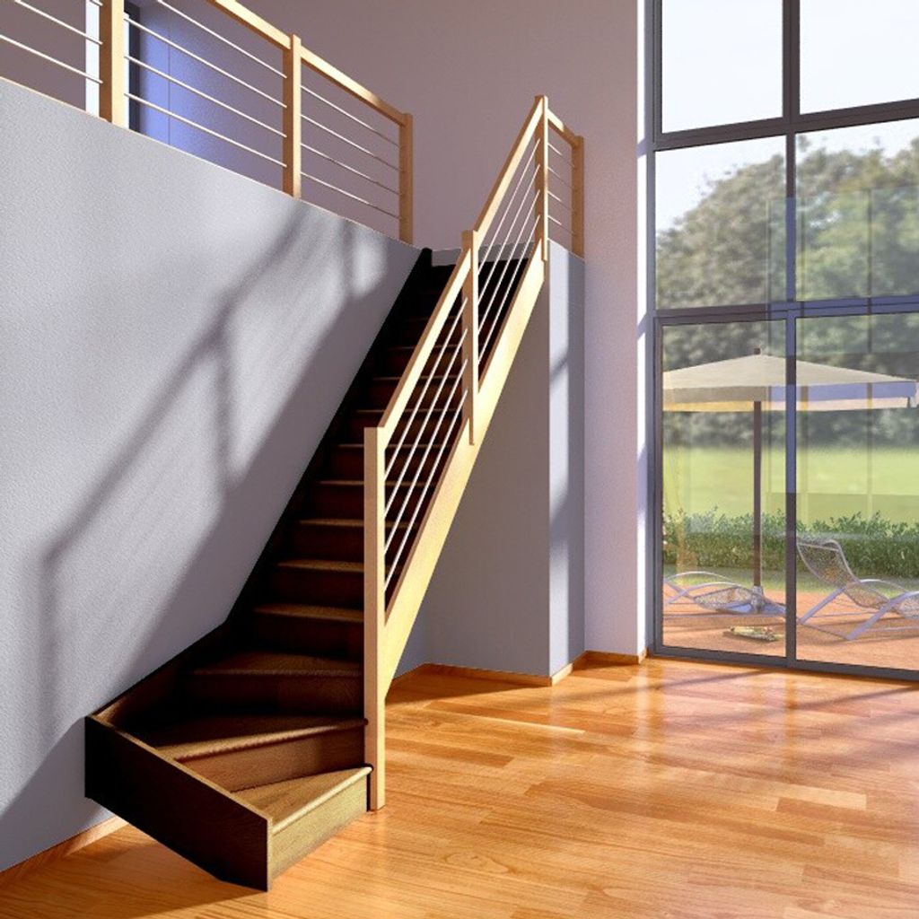 Dolle Raumspartreppe Paris mit Setzstufen Eiche versiegelt Treppenlauf 1/4 gewendelt unten rechts Edelstahlrohre