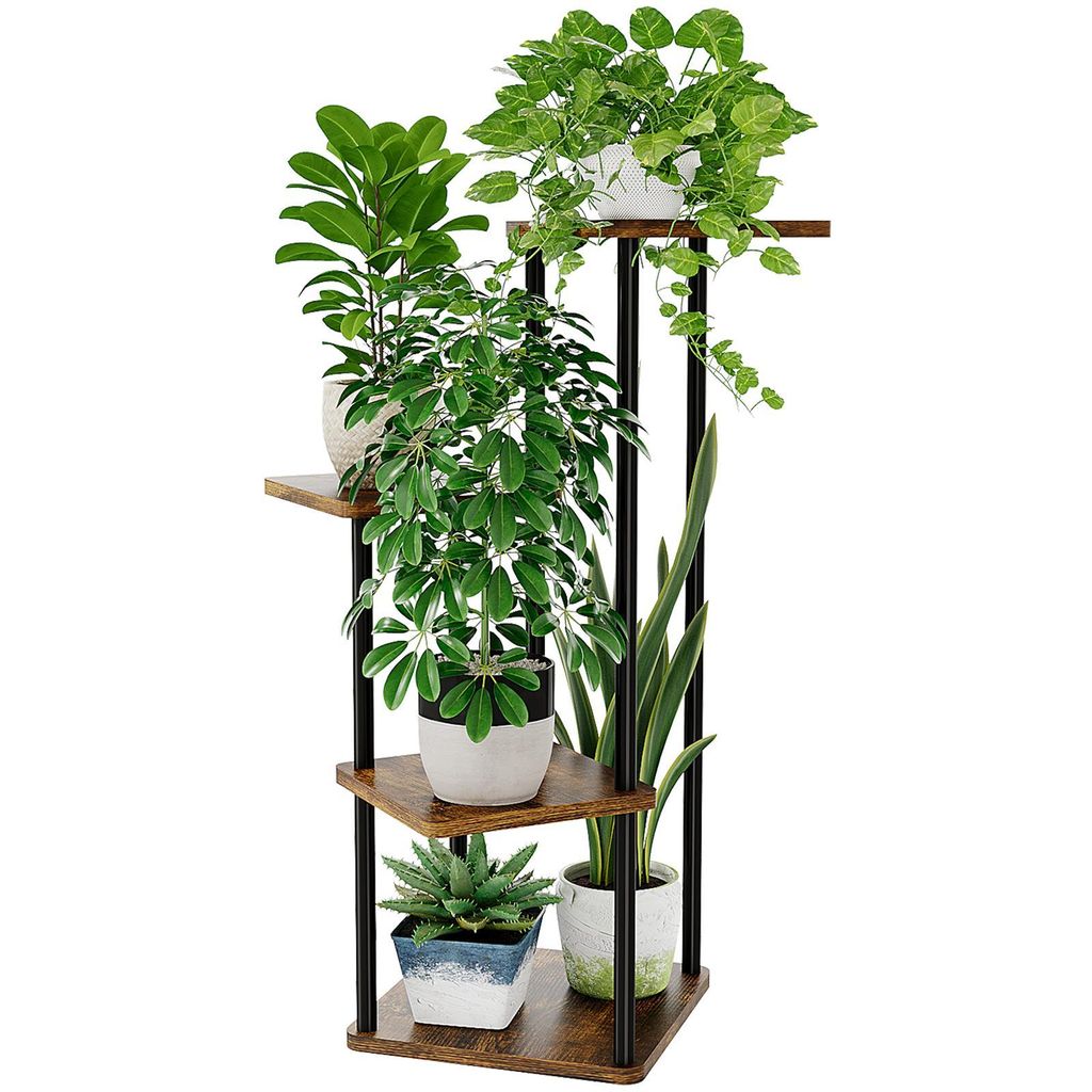Bamworld Pflanzenständer Blumenständer Metall Schwarz Pflanzenregal Innen Außen mit 4 Ebenen Eckblumenständer für Terrasse, Garten, Balkon, Wo...