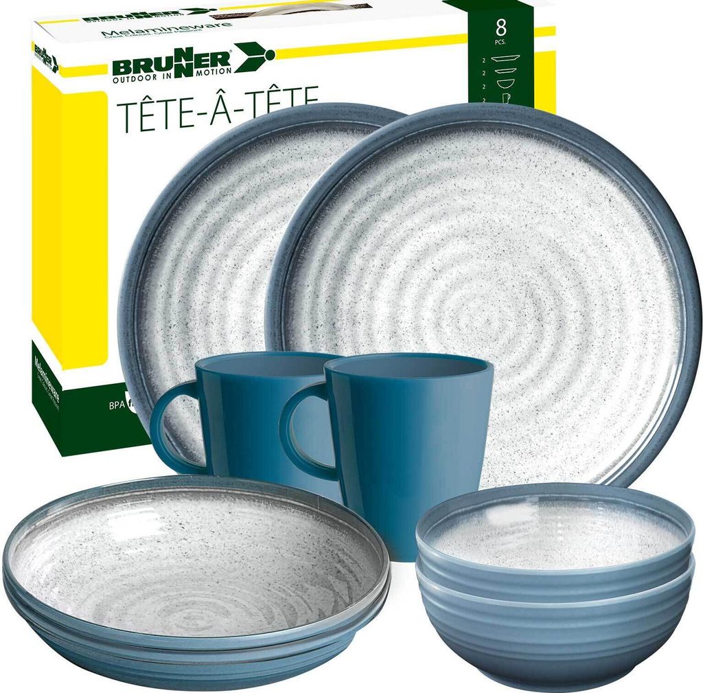 BRUNNER Camping Geschirr Set 2 Personen | Anti-Slip | Tete a Tete TUSCANY, 8-tlg.