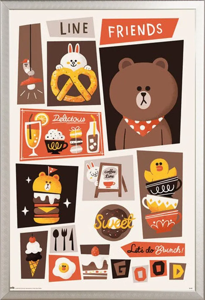 Affiche Line Friends Let's do Brunch avec cadre Shinsuke aluminium argent