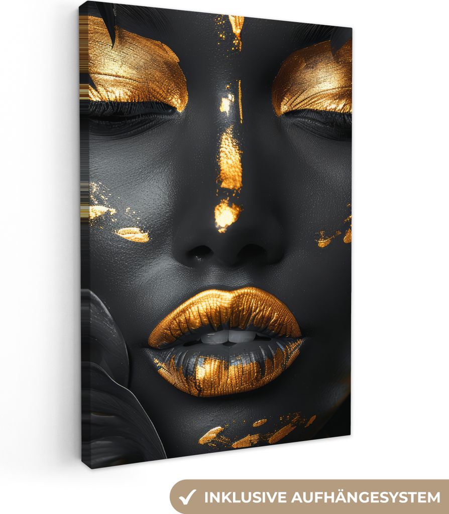 MuchoWow - Leinwandbilder - Frau - Gold - Natur - Porträt - Modern, Wandbild, Wanddeko Bilder Wohnzimmer, 80x120 cm