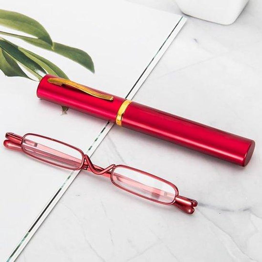 Metallenes Lesbrille für Männer und Frauen, mit tragbarem Etui - 3,0 Dioptrien (Rot)