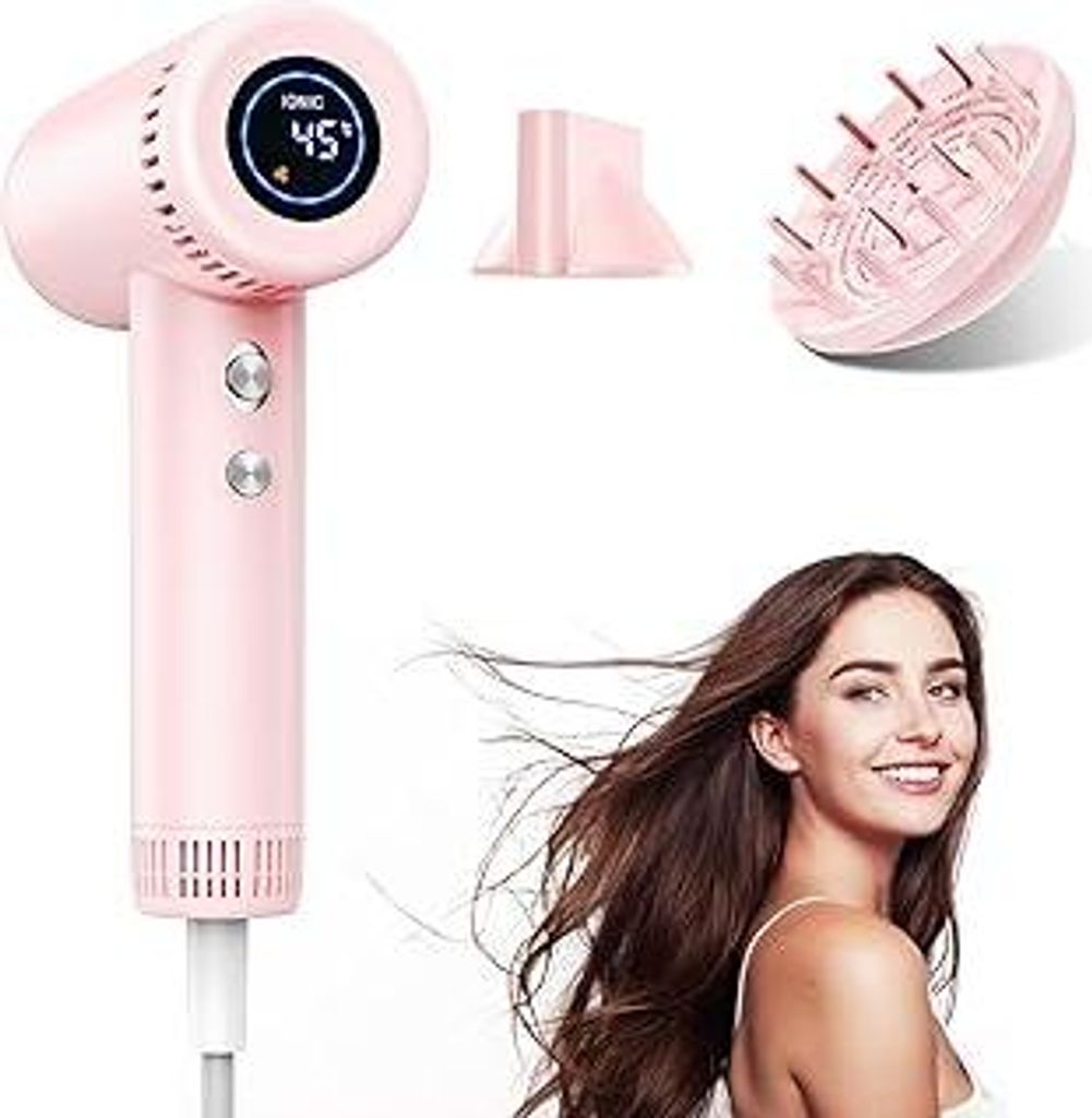 Ionen Föhn mit Diffusor - 160.000 U/min Hochgeschwindigkeits Haartrockner für Locken, Schnelltrocknend, 9 Temperatur-Stufen, Fön mit 500 Mio. Ne...