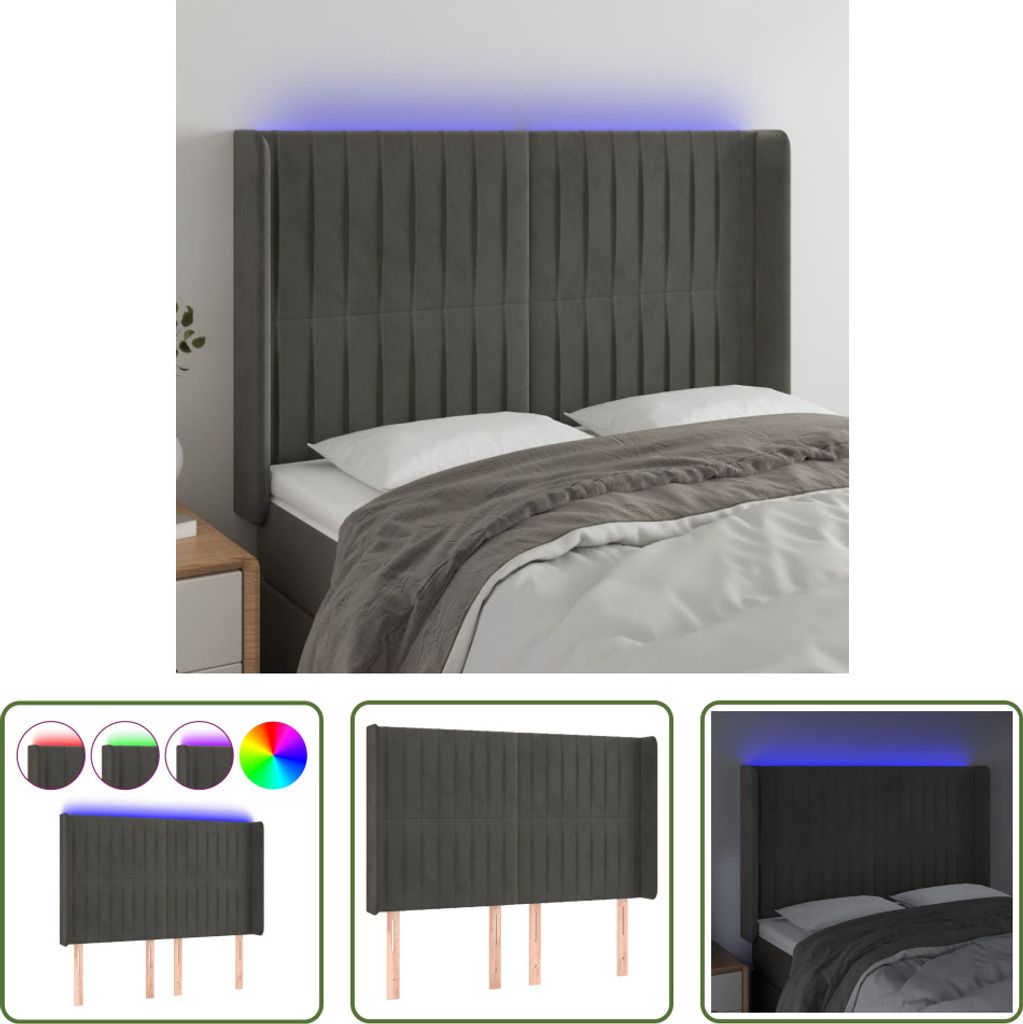 The Living Store LED Kopfteil Dunkelgrau 147x16x118/128 cm Samt