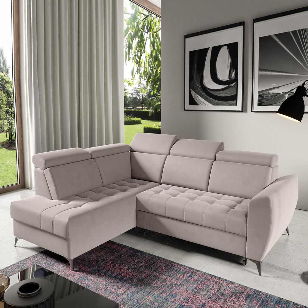 Ecksofa AURORA II L-Form Ottomane links, mit Schlaffunktion & Bettkasten, Beige