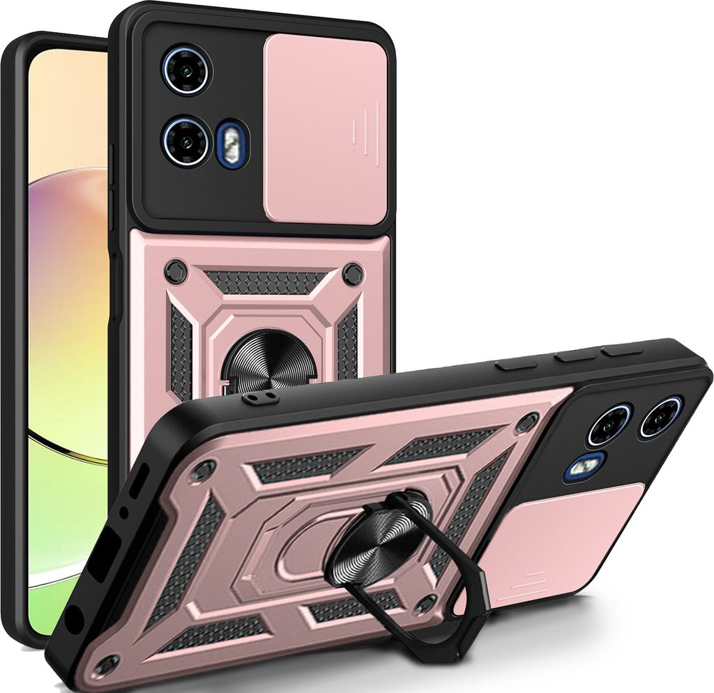 Outdoor Panzer Hülle Motorola Moto G34 Handyhülle mit Kameraschutz Ringhalter in Rosegold