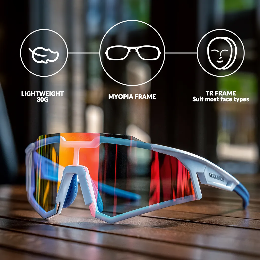 Lunettes Photochrome Vélo Anti-UV400 Design Blanc et Bleu Clair Sport