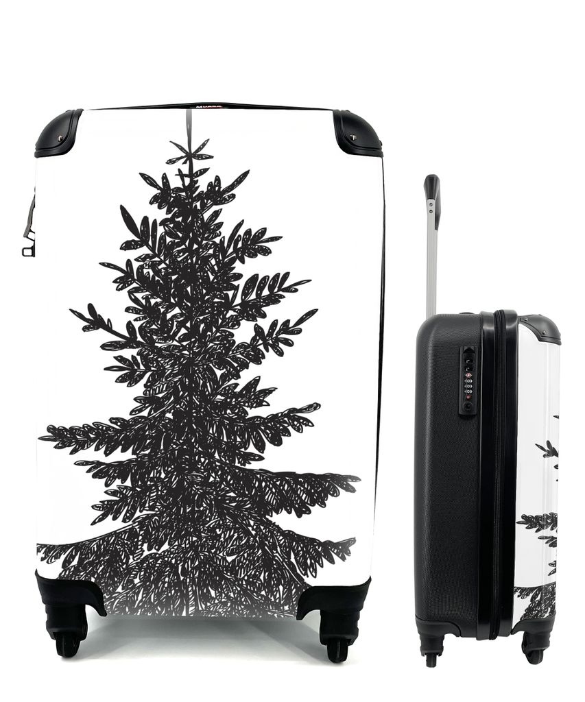 MuchoWow Koffer Handgepäck Trolley Rollkoffer Kleine Reisekoffer mit 4 Rollen - Eine Schwarz-Weiß-Illustration einer Kiefer - Cabin Size < 55x4...