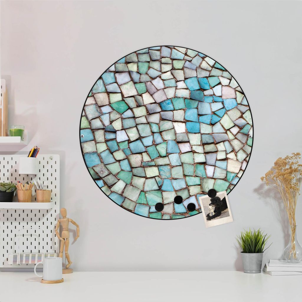 Design Stahlmagnettafel Schwarz Rund 47cm Mosaik Blau