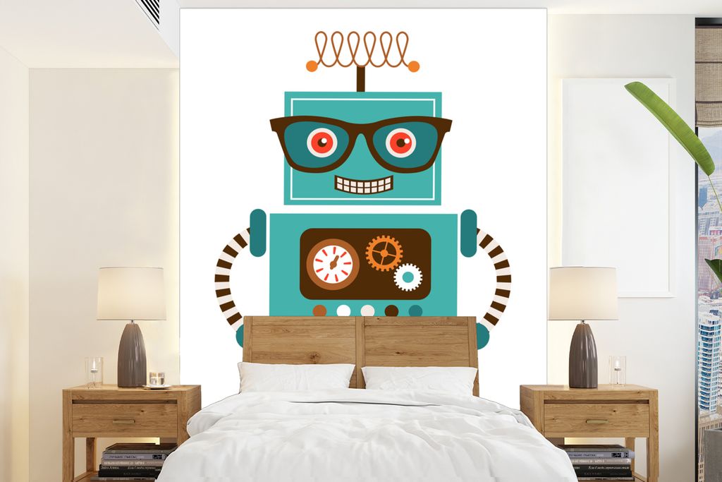 MuchoWow Fototapete für Wohnzimmer oder Schlafzimmer Wandtapete Vinyl Motivtapete Roboter - Schutzbrille - Zahnräder - Gesicht - Jungen - Kinde...