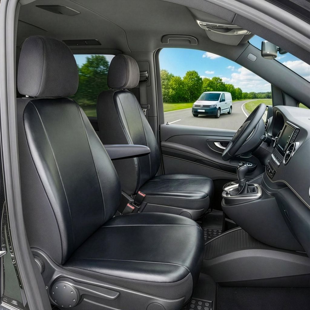 WALSER Transporter Sitzbezüge Auto für Ford Transit Courier, 1 Fahrersitz (Aussparung Armlehne rechts) & Beifahrersitz, Auto Sitzbezüge aus Kuns...