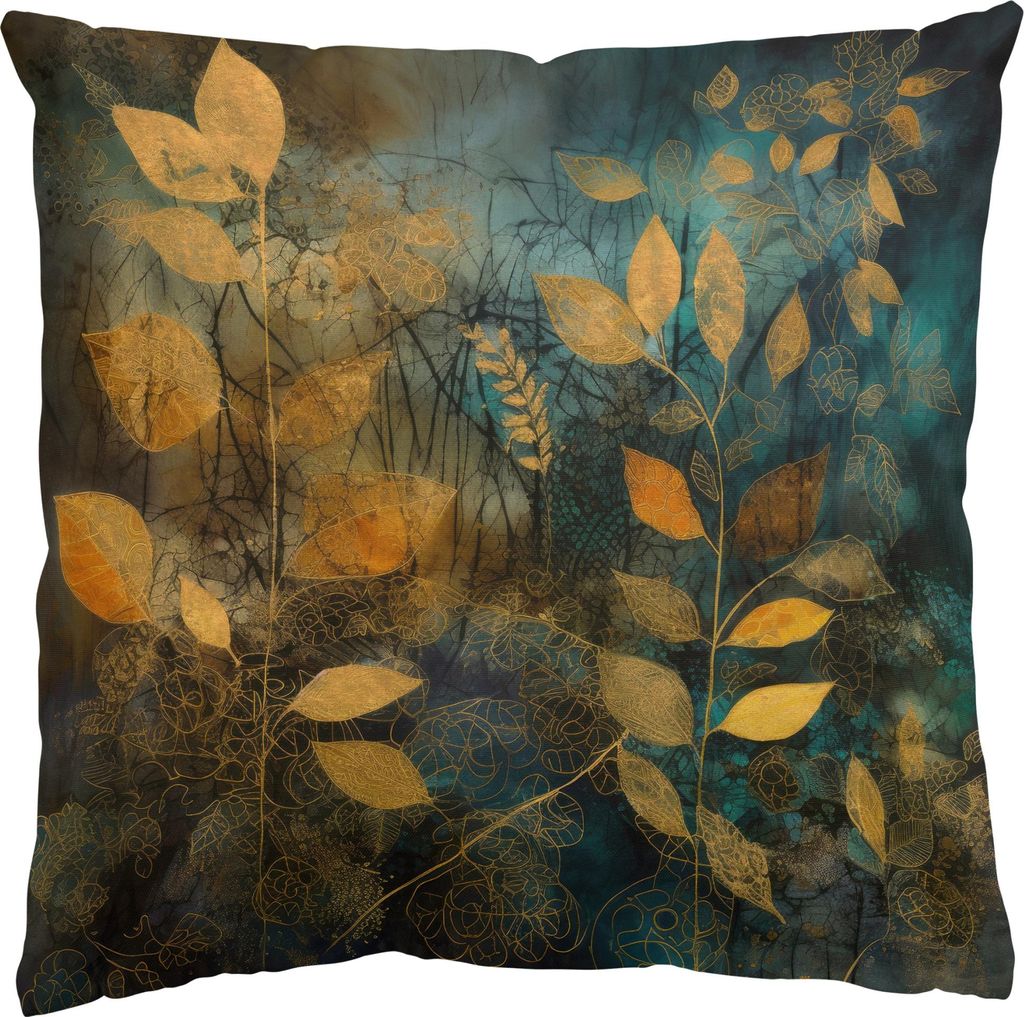 Dekokissen mit Motiv draußen / Outdoor Zierkissen waschbar Design gold Illustration Sofakissen mit Füllung