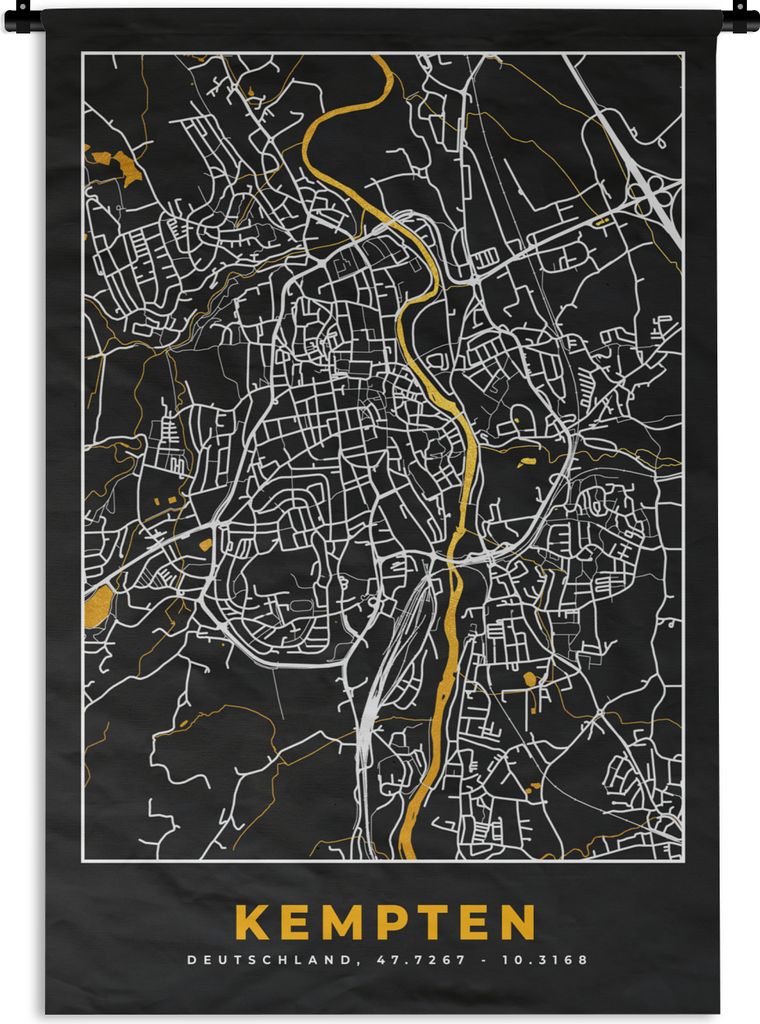 MuchoWow Wandteppich Wandbehang Stadtplan - Deutschland - Gold - Kempten - Karte 60x90 cm Tapisserie Dekoration Wandtuch - Foto-Teppich - Abwaschbar