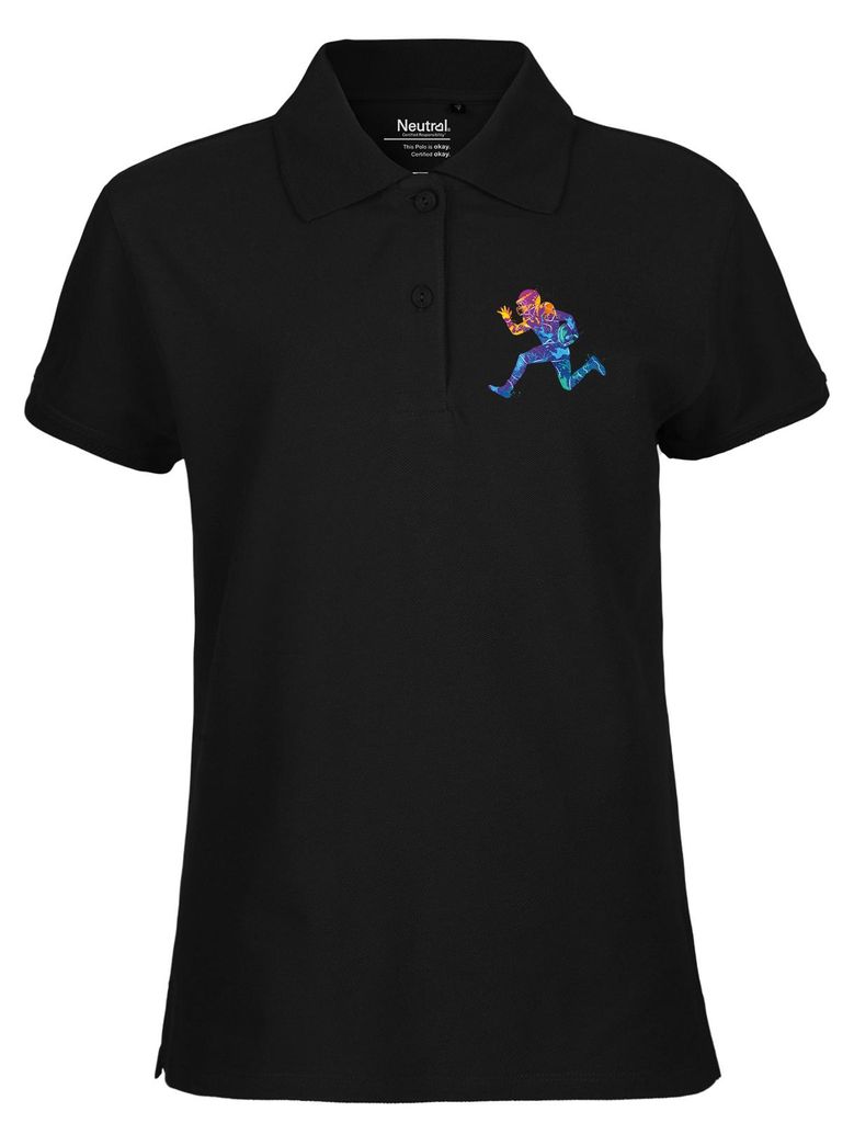 Huuraa Damen Polo Shirt Football Spieler bunte Silhouette XXL Black Bio Baumwolle Fairtrade Poloshirt Geschenkidee