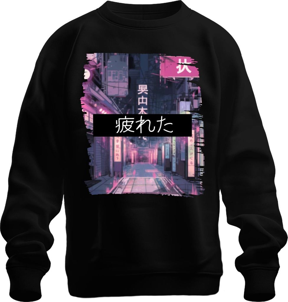疲れた Japan Kanji Neon Cyberpunk Anime Ästhetik Tokio Retro Straße Uni Sweatshirt Pullover, Schwarz, L
