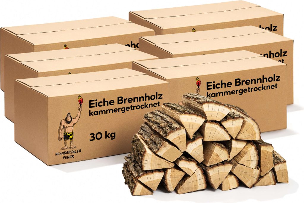 Neandertaler Feuer Brennholz Eichenholz Kaminholz - Grillholz 25 cm 180 kg | Hartholz Eichen Feuerholz | Holz für Grill Kamin Smoker Ofen | Firewood