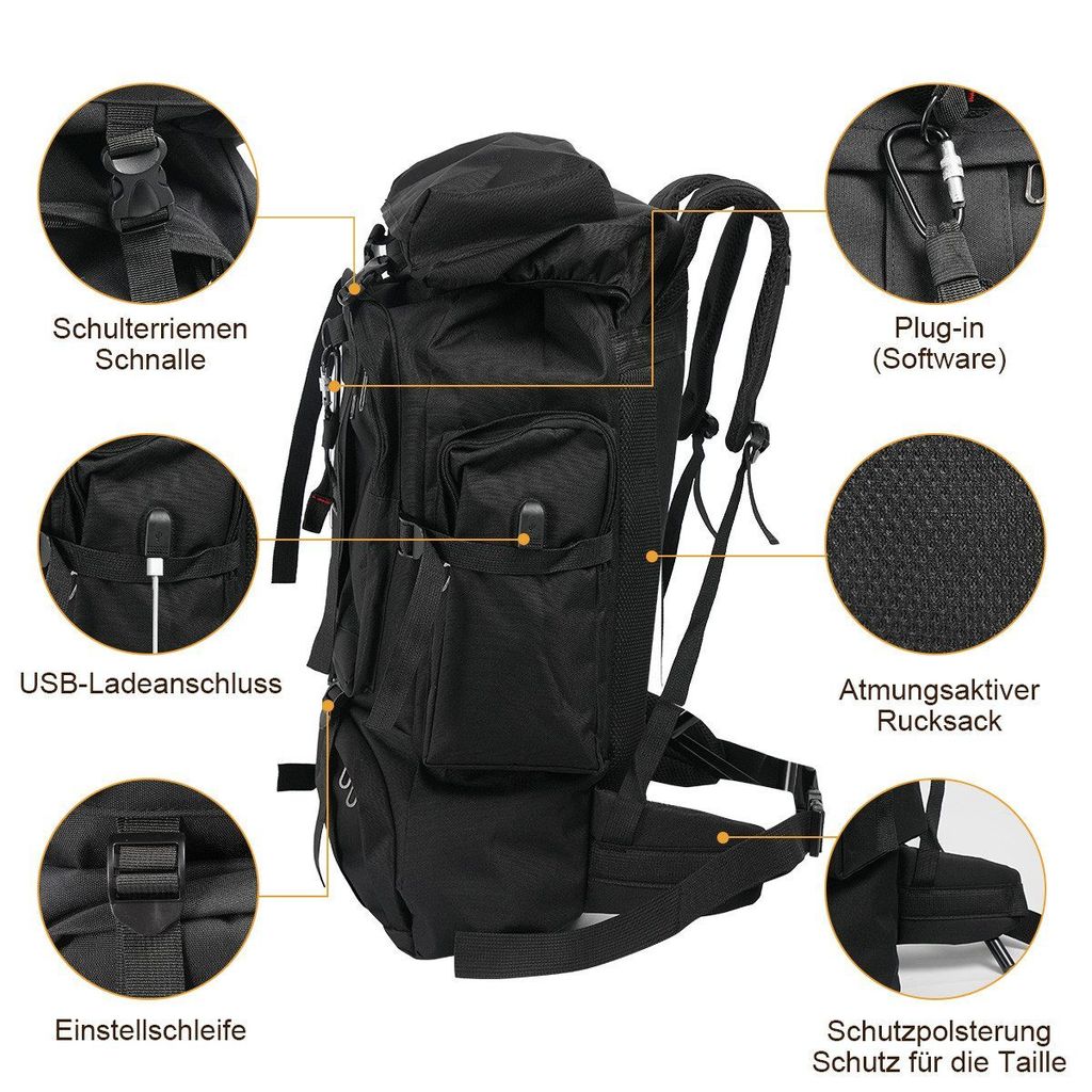 Reiserucksack Gro 70L Wasserdichter Wanderrucksack  Trekking Outdoor  Rucksack, Unisex, Reifestes Segeltuch