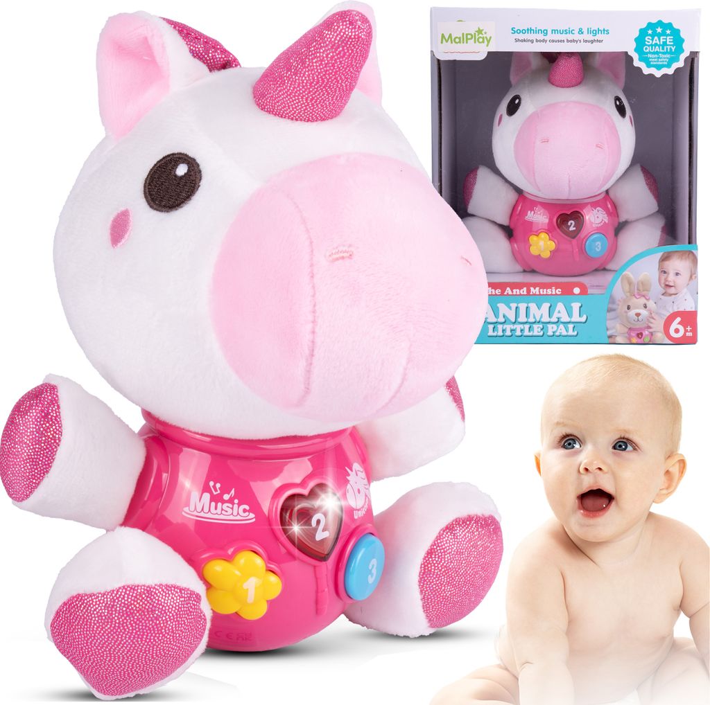 A collage of a plush unicorn toy, its packaging, and a baby.