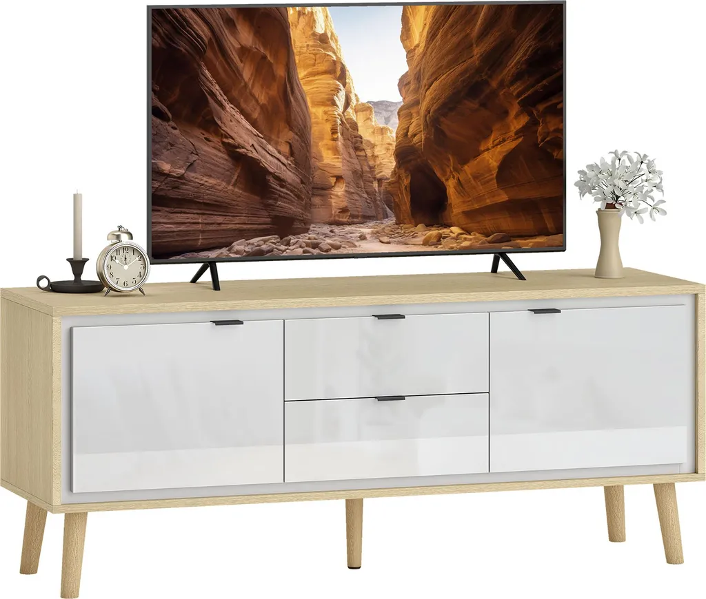 Meuble TV pour Salon de 120 cm Blanc et Bois avec Grand Espace Stockage