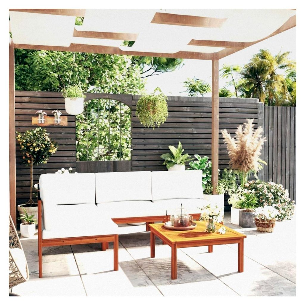 5-teiliges Gartenmöbelset für Balkon, Sofa, Bank, Gartenset, Sitzgarnitur, Mittelsofa, Ecksofa, Gartenlounge mit Kissen in Cremeweiß aus massive...