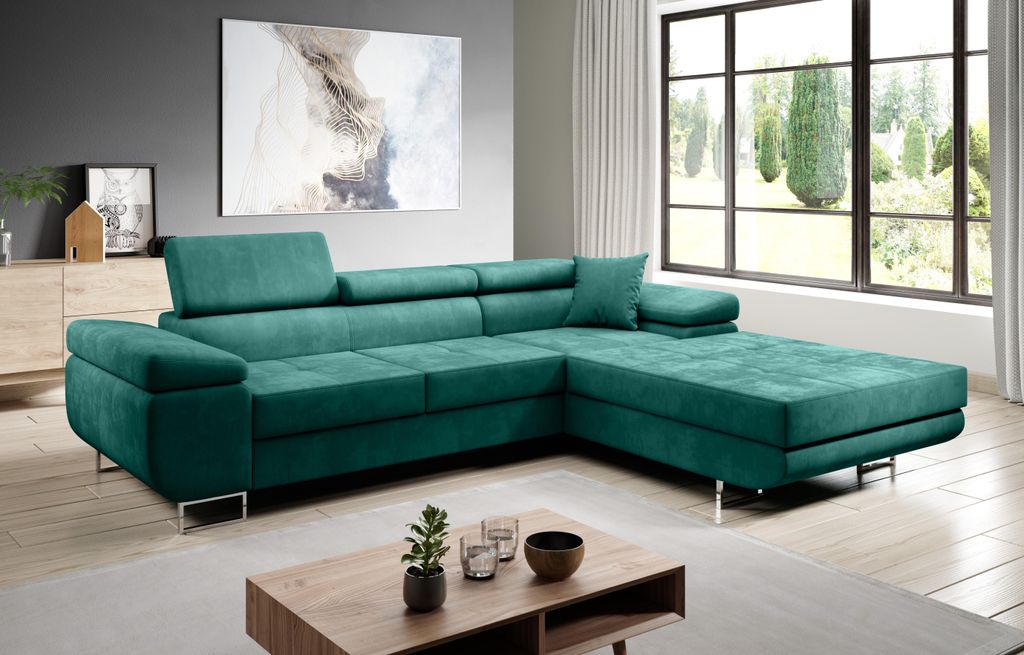 FurMeb24 ECKSOFA LAZZANO MONOLITH 37 - rechte seite - GRÜN - mit schlaffunktion und bettkasten