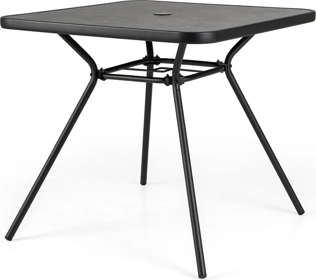 Table de terrasse pour 4 personnes avec parasol et plateau marbre noir