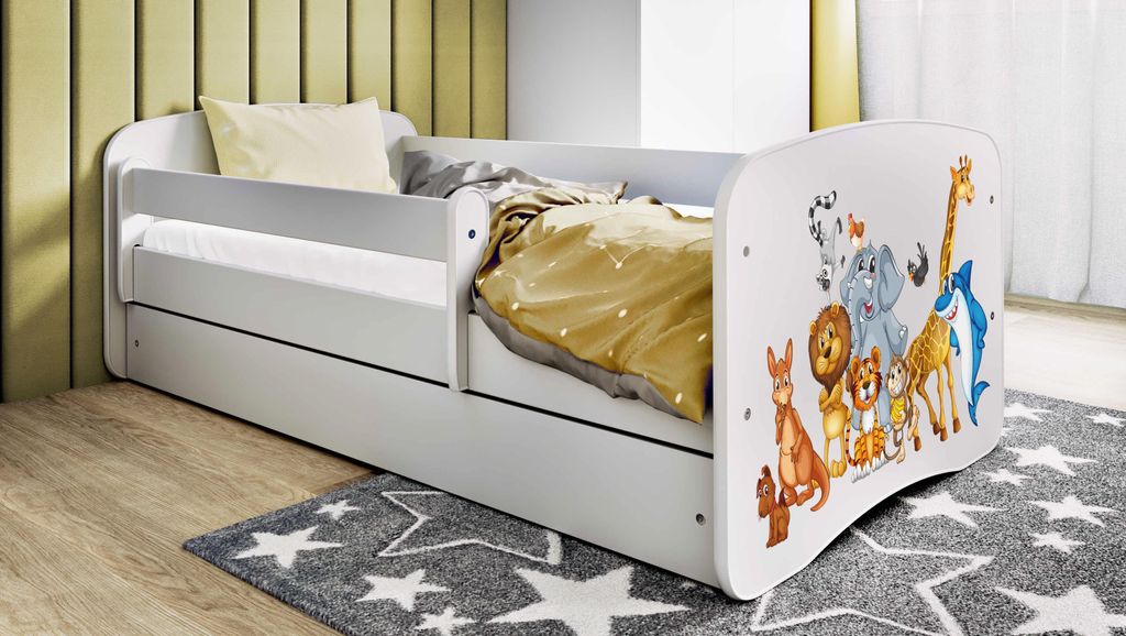 Kinderbett Jugendbett Tiere 70x140, 80x160, 80x180 cm - Komplettset mit Matratze, Schublade & Rausfallschutz