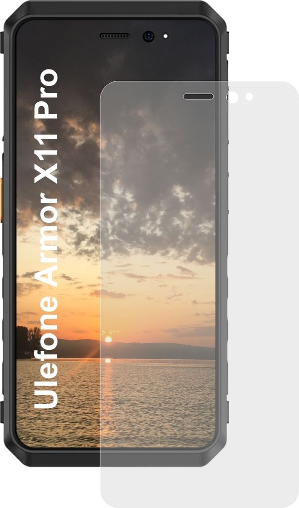 A screen protector is placed over a smartphone screen displaying a sunset.