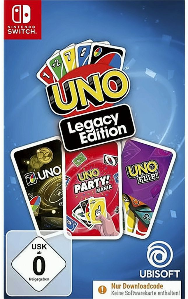 The image shows the cover art for the Nintendo Switch game 'UNO Legacy Edition'. It features the UNO logo prominently, along with images of different UNO game variations like 'UNO Party! Mania' and 'UNO Flip!'. The Nintendo Switch logo and age rating are a