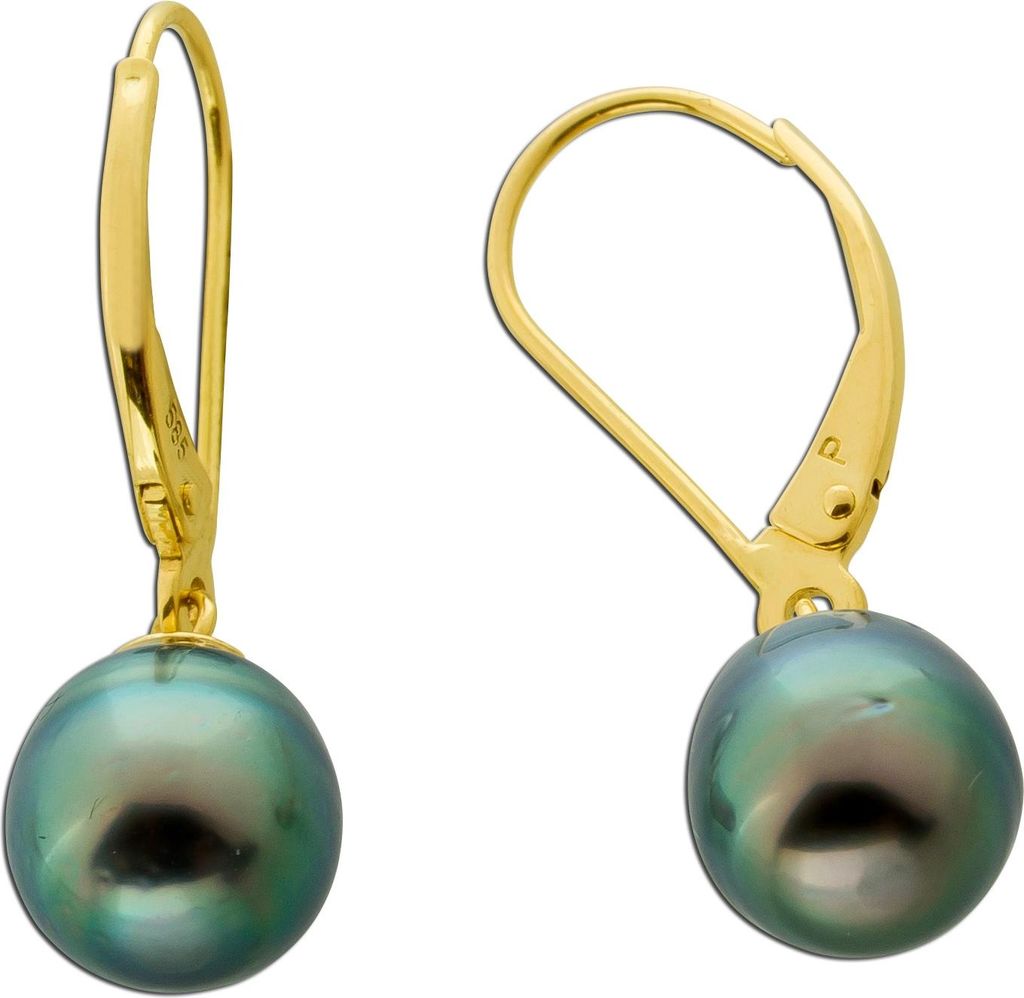 Perlen Ohrhänger Gold 585 14K Tahiti Perlen anthrazit grün