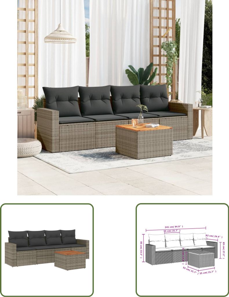 The Living Store 5-tlg. Garten-Sofagarnitur mit Kissen Grau Poly Rattan