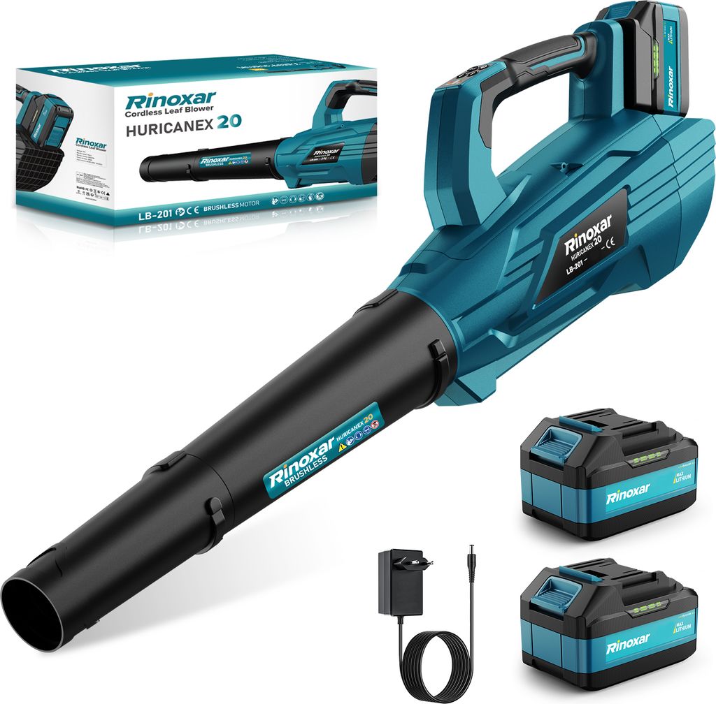 A cordless leaf blower with two batteries and a charger, displayed on a white background with its packaging in the background.