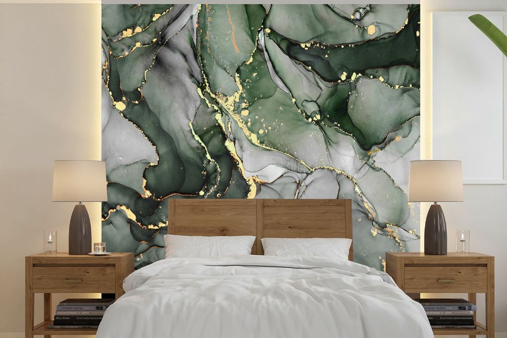 MuchoWow Fototapete für Wohnzimmer oder Schlafzimmer Wandtapete Vinyl Motivtapete Luxus - Marmor - Grün - 300x300 cm - Wanddekoration
