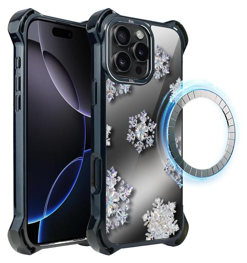 Schutzhülle für das iPhone 16 Pro Max, MagSafe-kompatibel, verstärkte Ecken, schwarz, Diamantene Schneeflocken