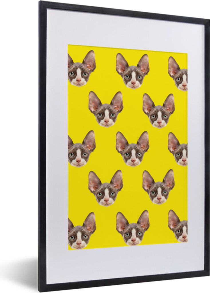 MuchoWow MuchoWow Gerahmtes Poster Katze - Muster - Gelb 40x60 cm - Poster mit zchwarzem Bilderrahmen - Poster in Rahmen