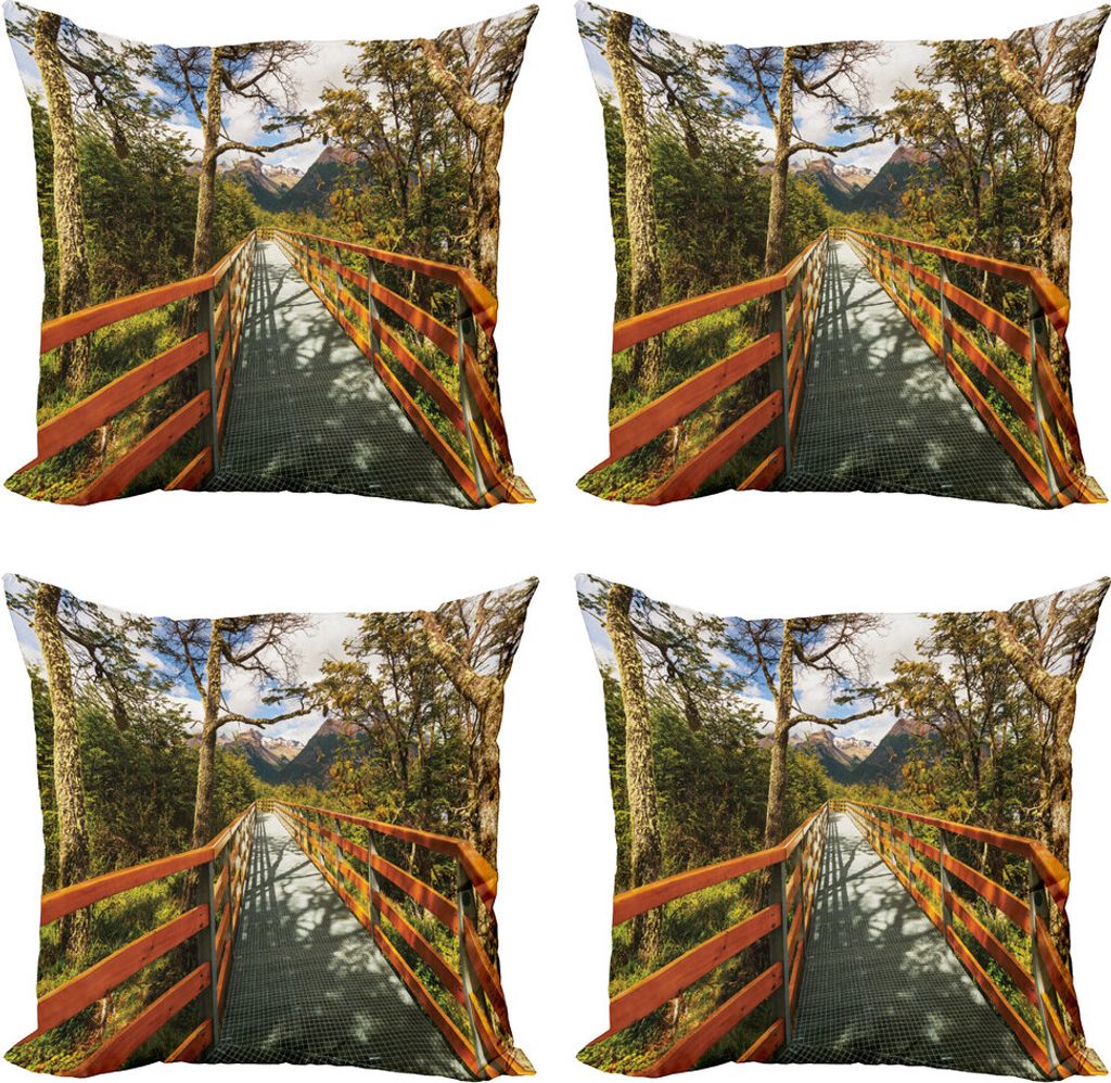 ABAKUHAUS Landschaft Kissenbezug Set (4 Stück), Boardwalk Wald Wandern, Moderner Doppelseitiger Digitaldruck, 40 cm x 40 cm, Orange Grün Braun