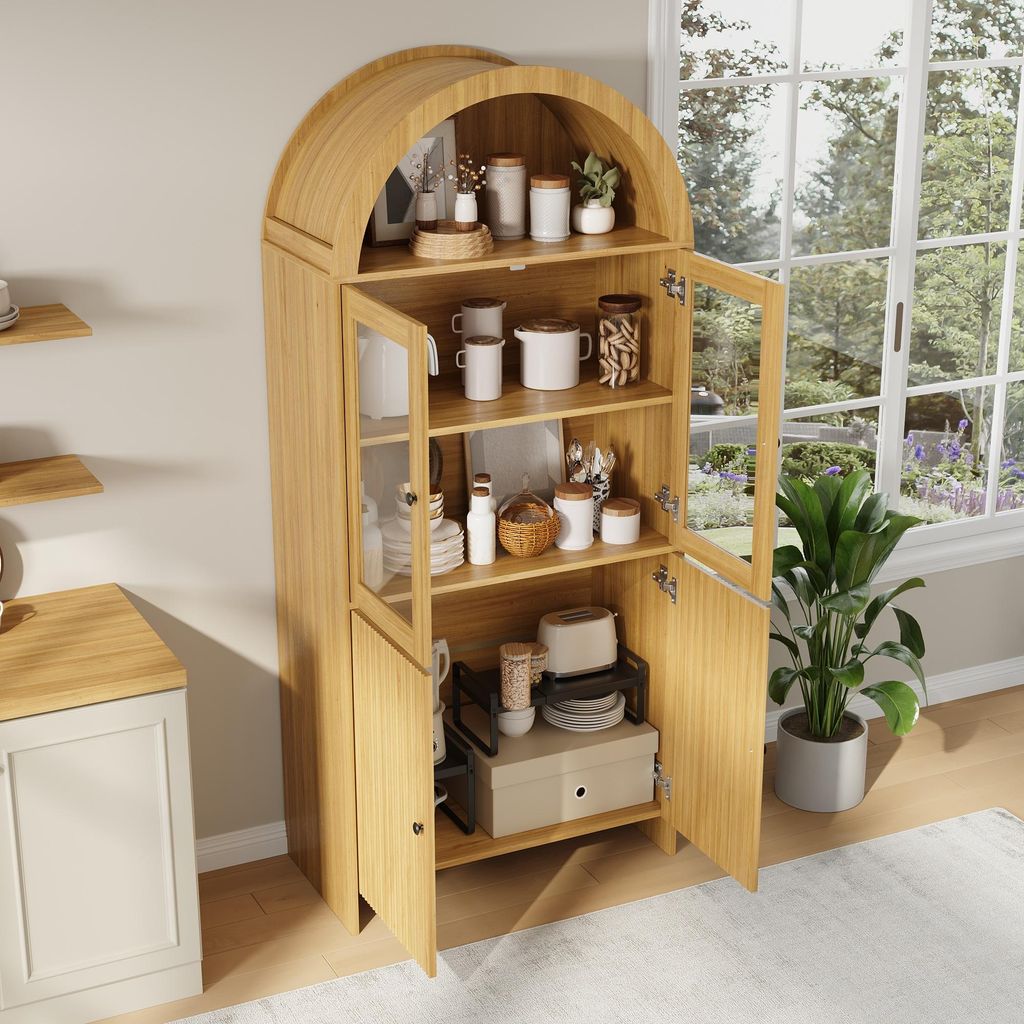 okwish Sideboard Gewölbte Decke,Vitrine mit Glastüren,Aufbewahrungsschrank mit Offener Stauraum,Geeignet für Wohnzimmer und Esszimme,Natur