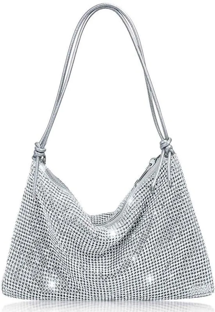 Pochette strass argentée de luxe avec chaîne amovible style diamants