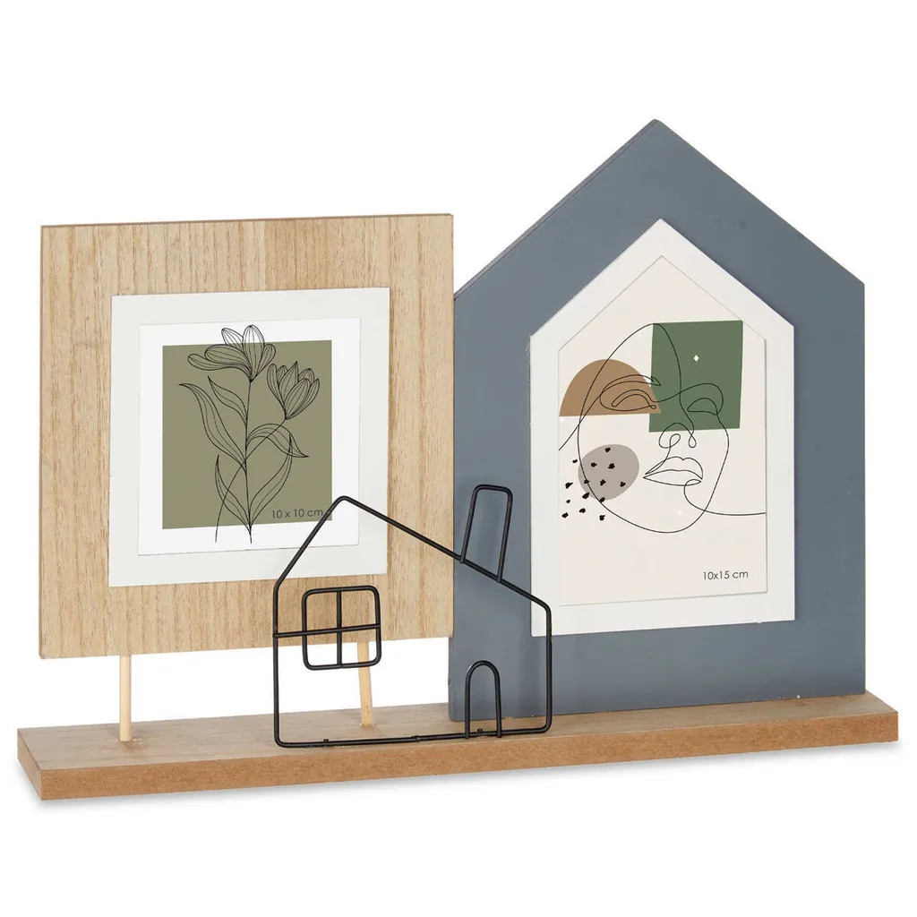 Cadre pour 2 photos en forme de maison en métal et bois MDF - Modèle H20