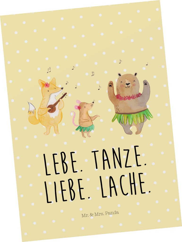 Mr. & Mrs. Panda Postkarte Waldtiere Aloha - Gelb Pastell - Geschenk, bildkarte, Musik, Bär, Igel, Hase, Ansichtskarten, Lustige Sprüche, Grußka...