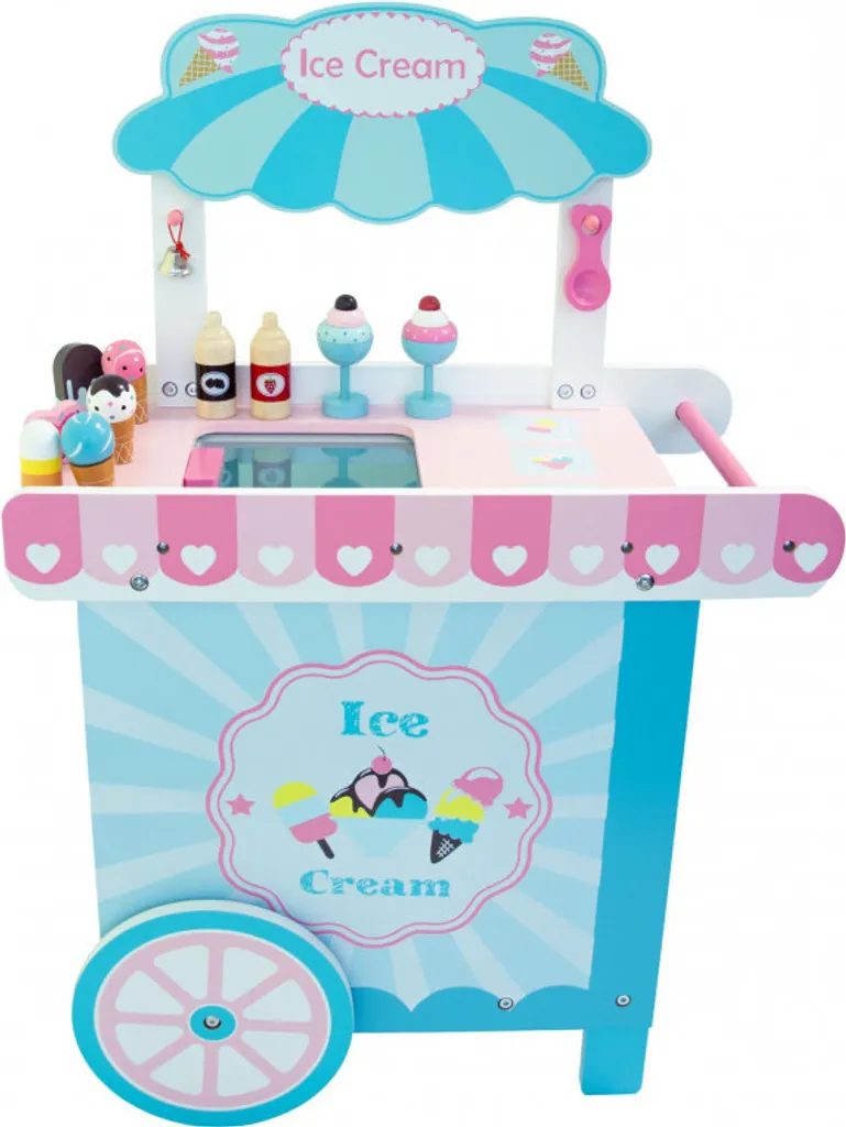 Chariot de glacier 4iQ bois sur roues - Stand mobile bleu rose 87cm